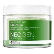 NEOGEN DERMALOGY Green Tea Moist PHA Gauze Peeling pads on a refreshing green tea background"